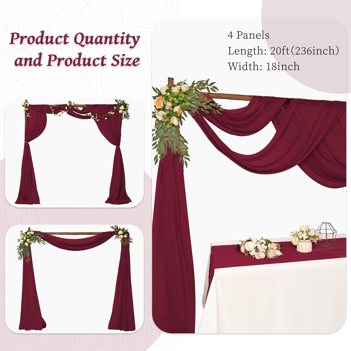 8 Panels Wedding Arch Draping Fabric 28" x20Ft Wedding Arch Drapes Chiffon Fabric Drape Sheer Backdrop Curtain for Weddings Party Swag Ceremony Birthday Arbor Drapery Reception Ceiling Décor(Burgundy)
