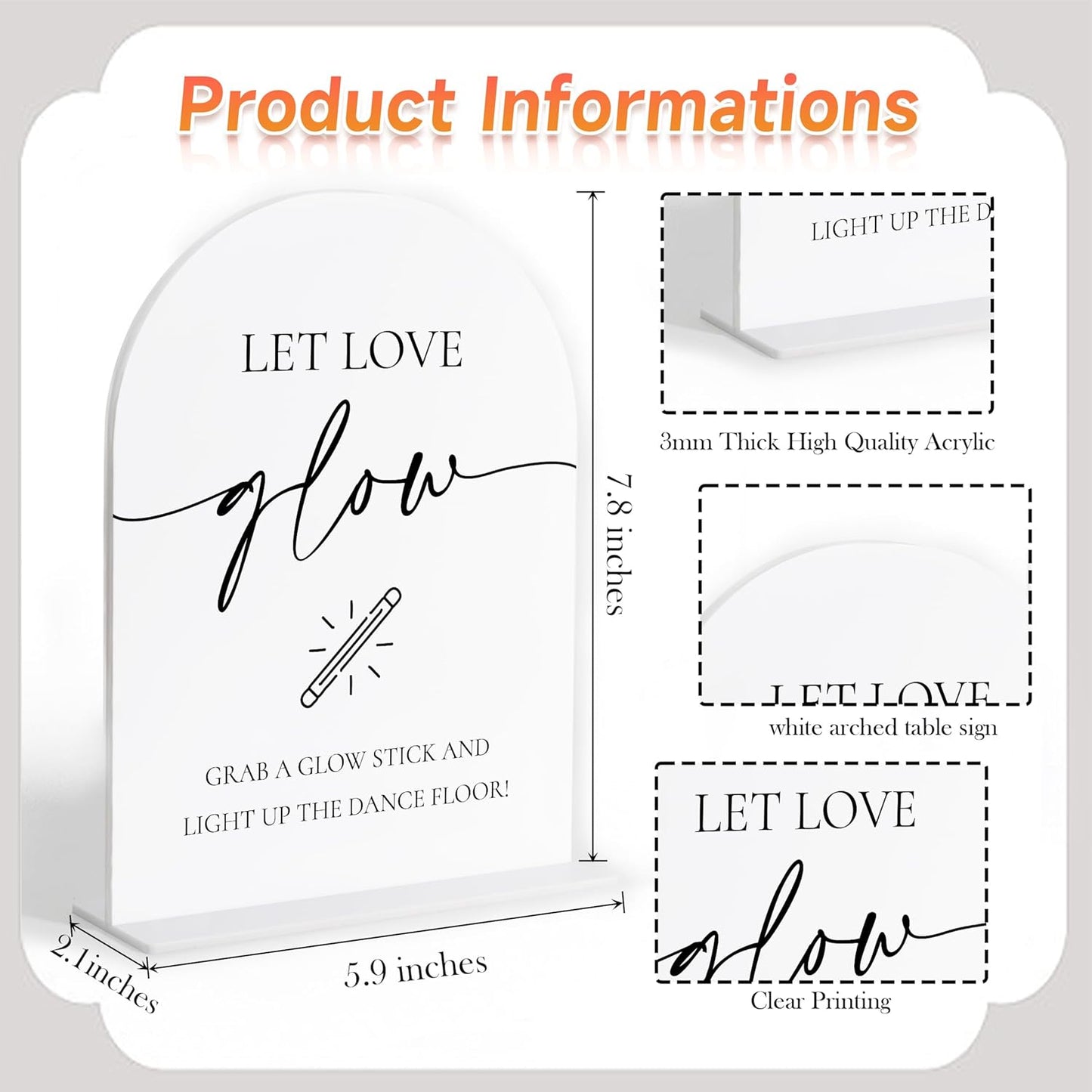 Let Love Glow Sign Wedding, White Arch Acrylic Sign, Wedding Dance Floor Props, Bridal Shower Decor, Engagement Party Decor, Centerpiece Table Decorations Party for Bride and Groom-18