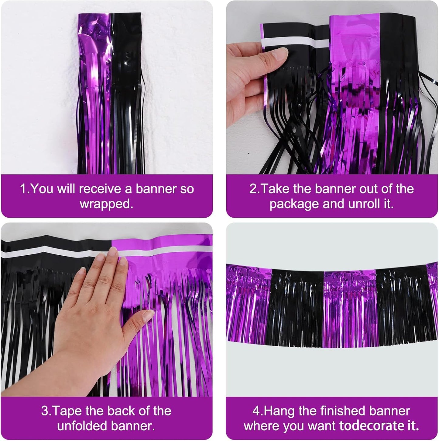 BEISHIDA 3 Packs Metallic Foil Fringe Garland Black Purple Wall Hanging Tinsel Fringe Banners for Halloween Car Floats Bridal Shower Wedding Birthday Easter Graduation Holiday Party Decoration (30 Ft)
