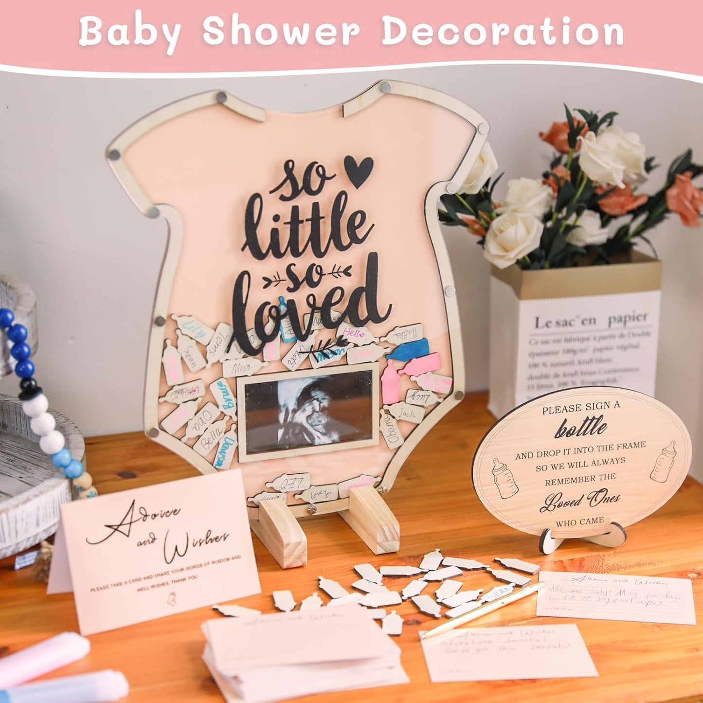 60Pcs Baby Shower Guest Book - Cute Onesie Shaped Baby in Bloom Baby Shower Guest Book Alternatives with Sonogram Frame Advice & Wishes Cards for Keepsake, Birthday, Gender Reveal (Baby in Bloom)