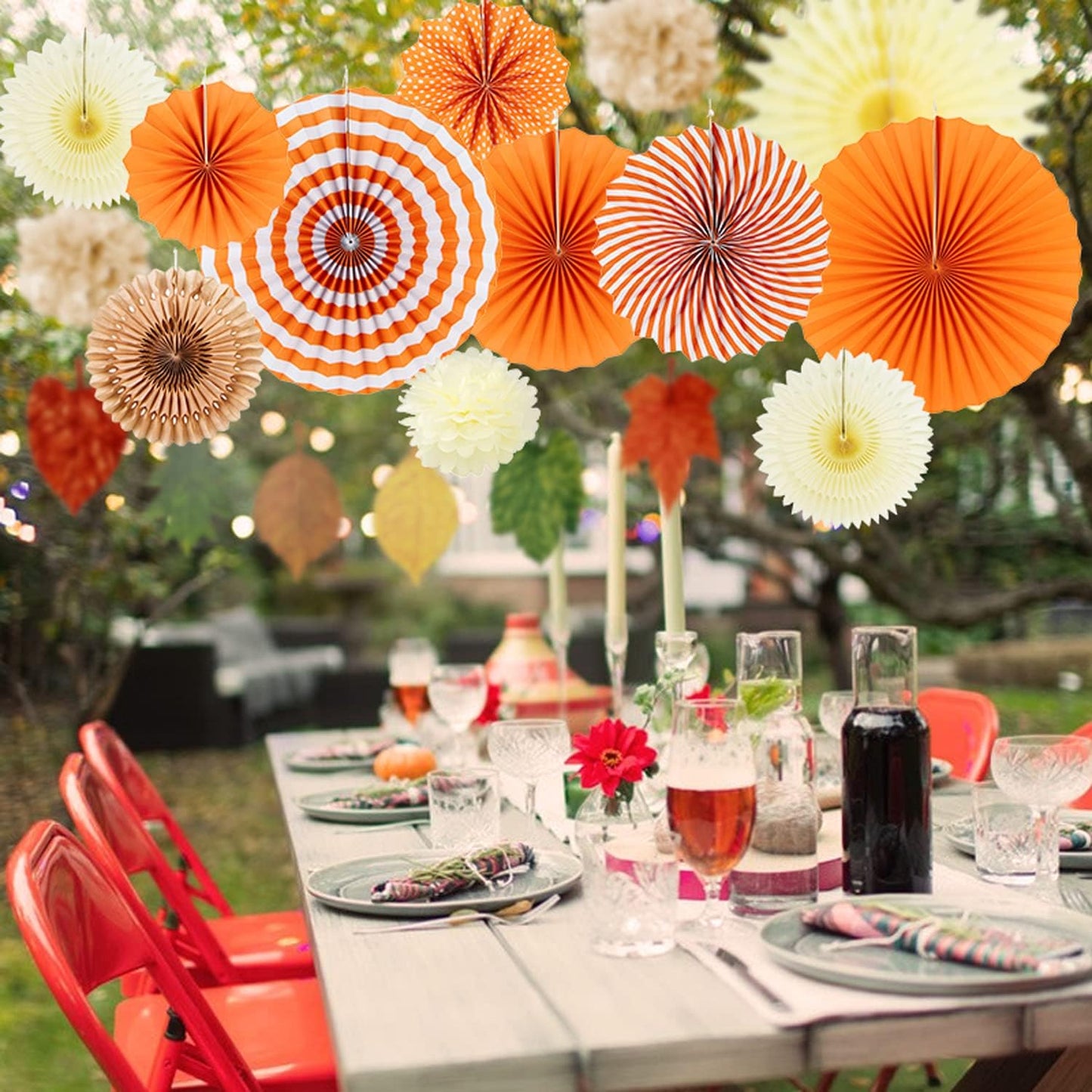 Easy Joy 14 Pcs Fall Party Decorations, Orange Hanging Paper Fans Autumn Paper Pompoms Lanterns Maple Leaves Bunting Garlands for Thanksgiving Celebration, Birthday Decor