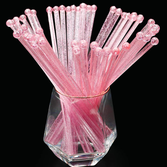 100-PCS Pink Glitter Plastic Swizzle Sticks, Crystal Cake Pops, Cocktail Coffee Drink Stirrers, Stir Sticks for Valentine's Day Christmas Party, 7.24 Inch