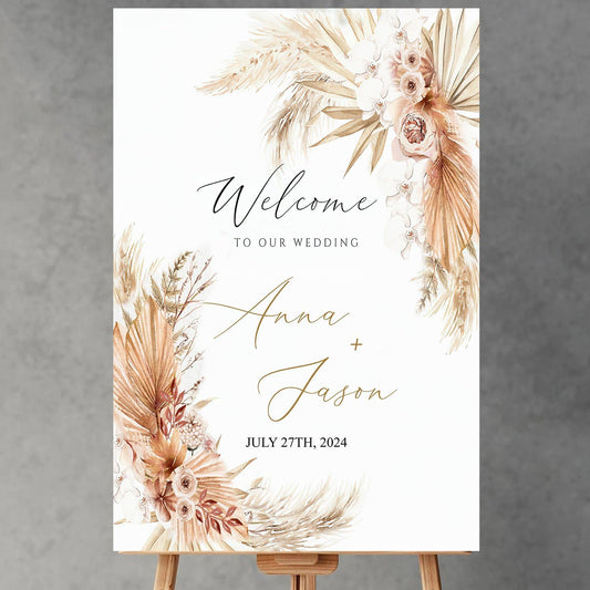 Personalized Pampas Grass Boho Wedding Welcome Sign, Custom Wedding Welcome Sign