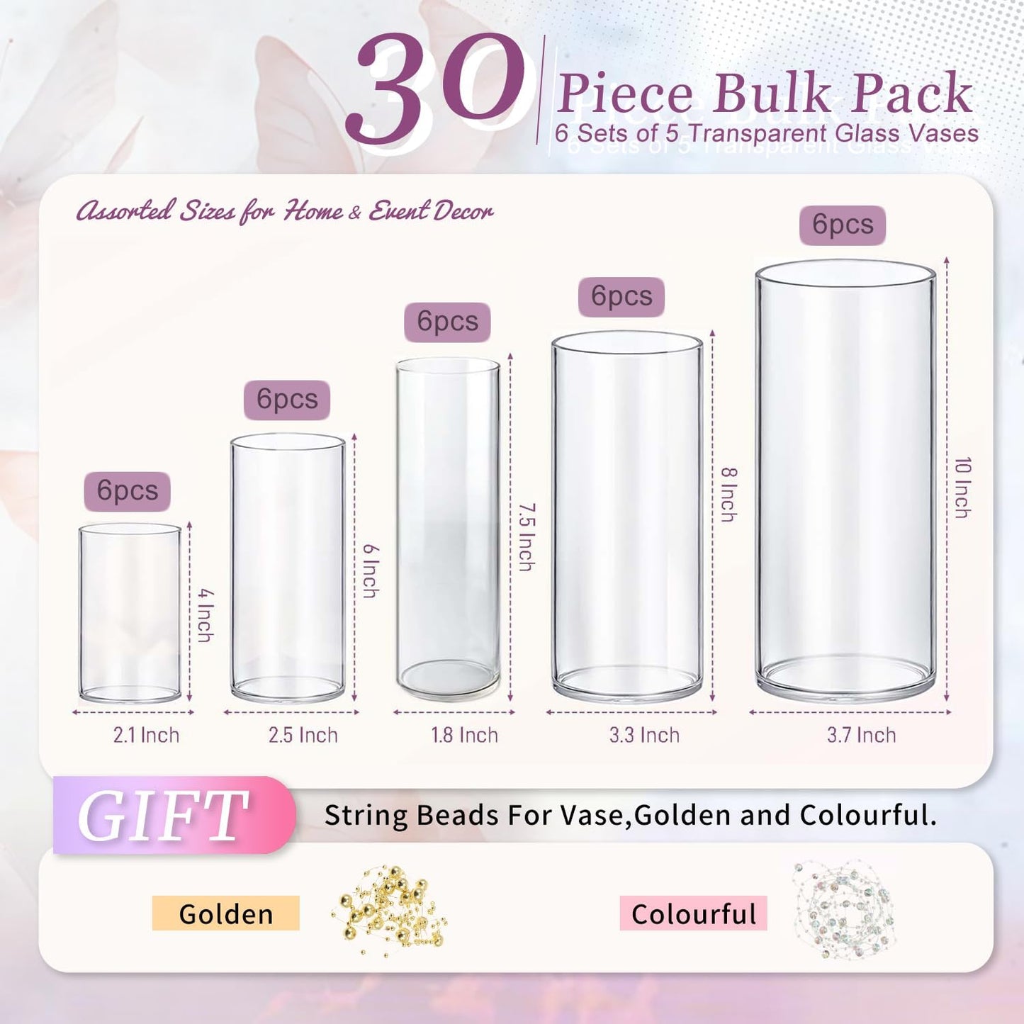 30pcs Glass Vase Cylinder Vases for Centerpieces Small Flower Glass Vases Home Decor Centerpiece Table Clear Flower Vase Decorations for Wedding＆Holiday 4,6,7.5,8,10 Inch Tall