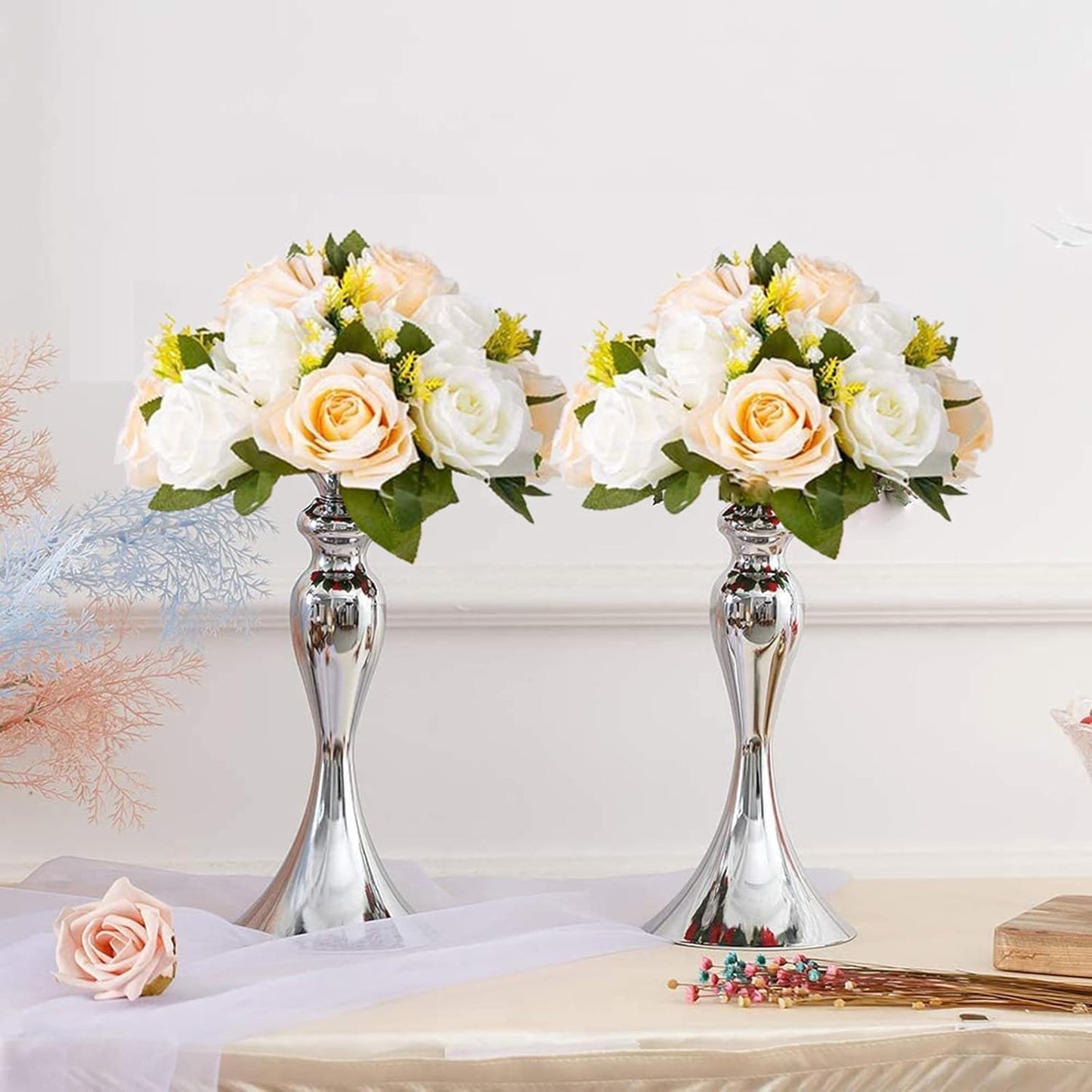 Flower Balls Wedding Rose Centerpieces: 10 Pcs Fake Flowers with Base Kissing Balls Decor Champagne &White Artificial Floral Arrangements Flower Bouquet of Roses Home Party Table DIY Decorationss