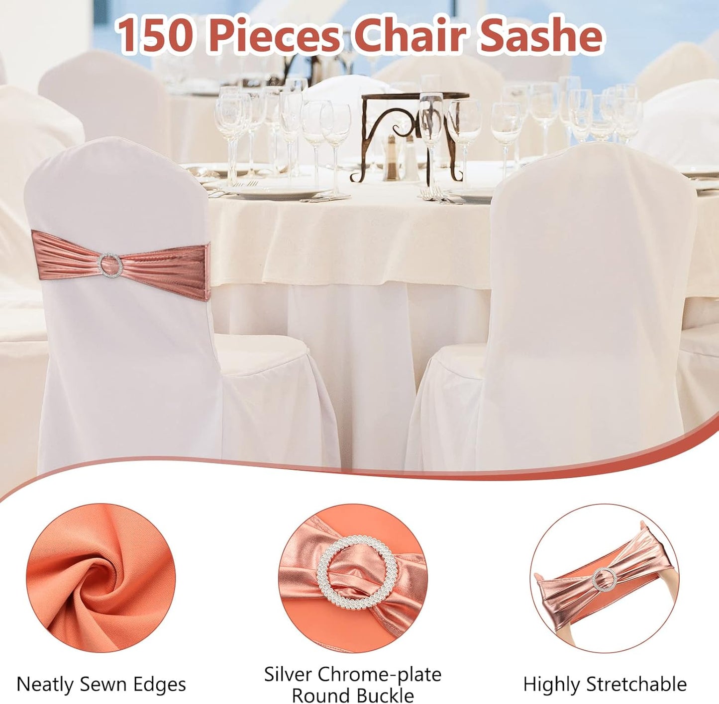 CHENGU 150 Pieces Spandex Stretch Chair Sashes Bows Elastic Chair Cover Bands Ties with Buckle Slider for Wedding Party Reception Events Universal Ceremony Banquet Decorations (Rose Gold)