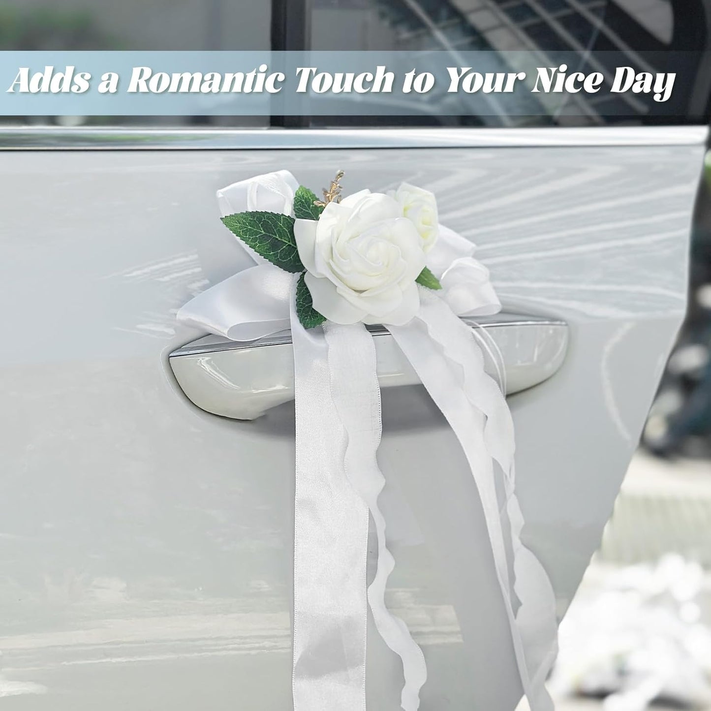 4PCS Wedding Car Door Handle Decorative Flowers, White Artificial Cars Bouquet Flower Bowknot Ribbon Decor, Just Married Automotive Decorations Accessories for Door Handles
