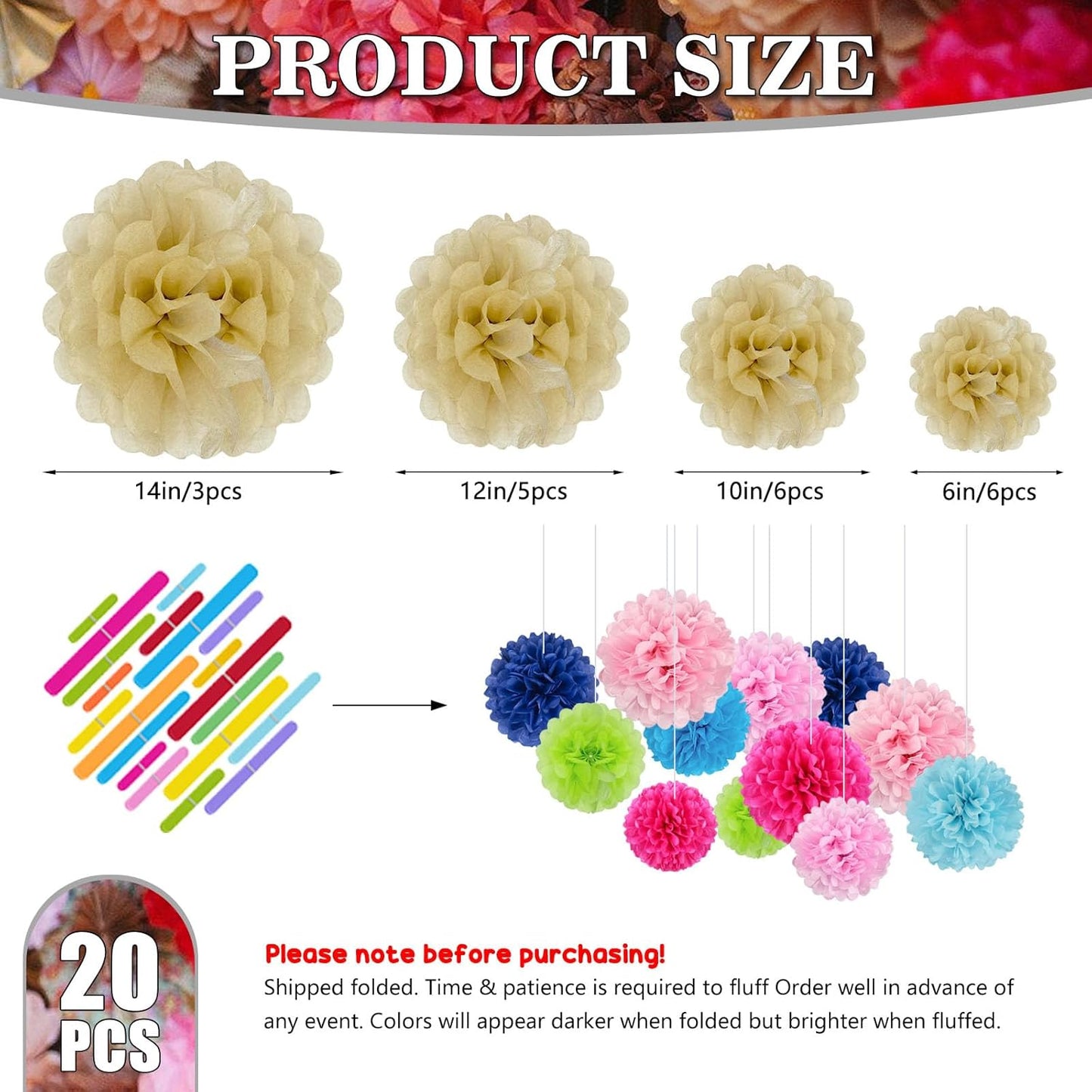 Tissue Paper Pom Poms, Light Khaki Tissue Paper Flowers, Hanging Flower Balls for Weddings Fiesta Parties Birthday Baby Showers Classroom Bridal Shower Decoration (20Piece Set-6/10/12/14Inch)