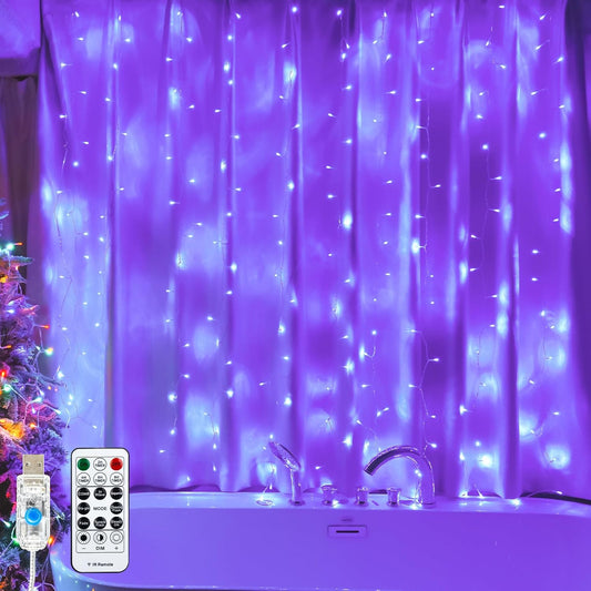 Curtain Light for Bedroom, 200LED 6.6x6.6ft Purple Window Wall Hanging Fairy Curtain String Light, 8 Modes Remote Fairy String Lights Indoor for Wedding Party Home Garden Decorations