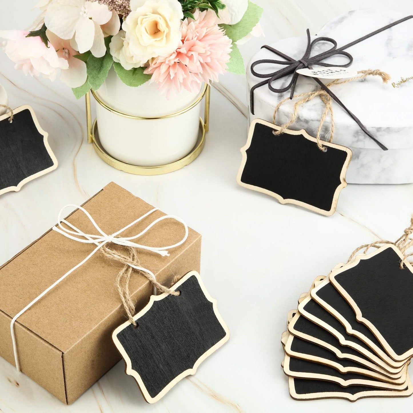 Outus 24 Pcs Mini Chalkboard Signs Bulk Hanging Wood Chalkboard Signs 3.35 x 2.36 Inch Kitchen Notes Chalk Board with Lanyard Bulk Small Message Board for Food Labels Wedding Party Decor Price Tags