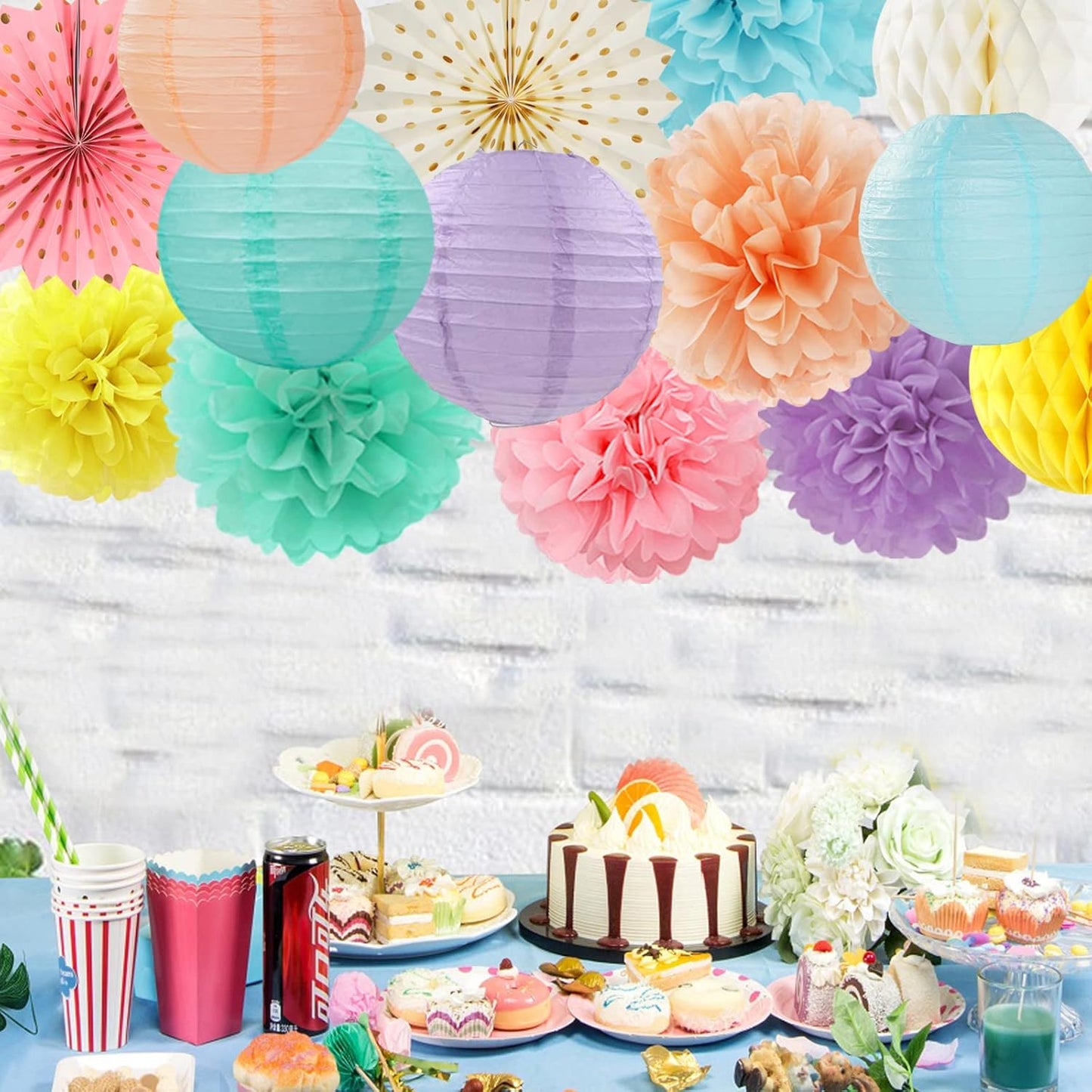 Pastel Rainbow Party Decorations Streamers - 14pcs Boy Girl Kids Birthday Supplies,Pink Yellow Blue Paper Lanterns Fan,Tissue Pom Poms,Honeycomb Balls, Baby Shower Wedding Decor Lasting Surprise