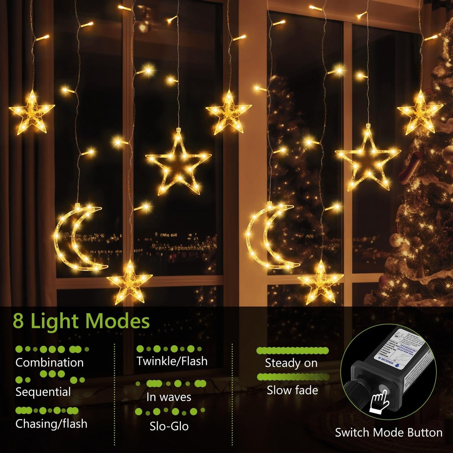PUHONG Christmas Lights, 11.48FT Curtain String Lights with 8 Light Modes, Star Moon Indoor Outdoor Fairytale String Lights for Bedroom, Window, Wall, Home, Ramadan, Christmas Decoration - Warm White
