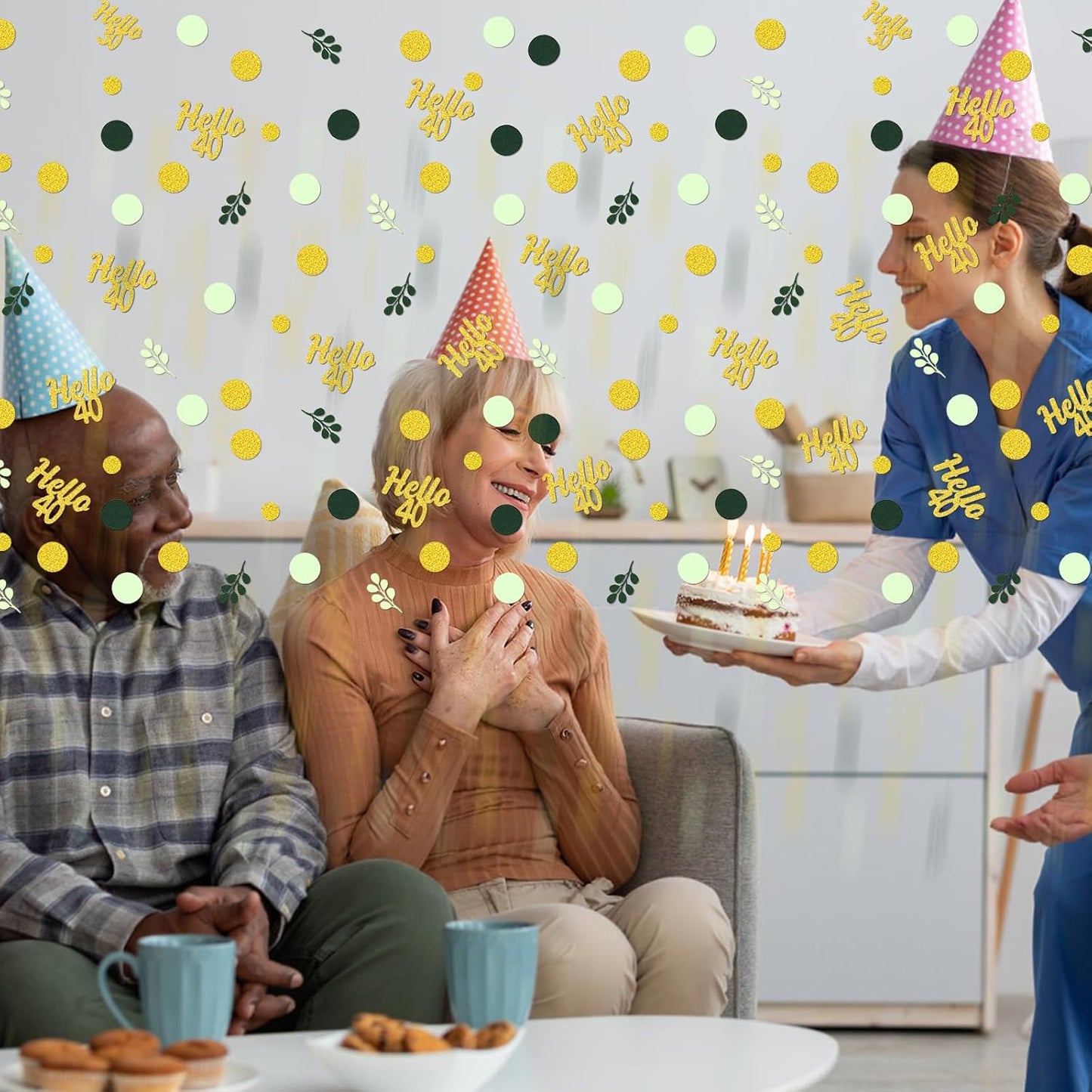 300PC Gold Glitter and Sage Green Happy 40th Birthday Decorations for Men/Women Greenery 40th Birthday Confetti for Table Forty Party Decor Supplies