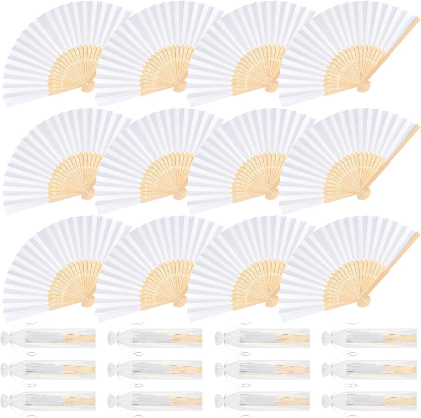 12 Pieces White Hand Held Bamboo Folding Fans Paper Fans Handheld for Women Foldable Girls Wedding Decoration Church Home Party Favors Summer