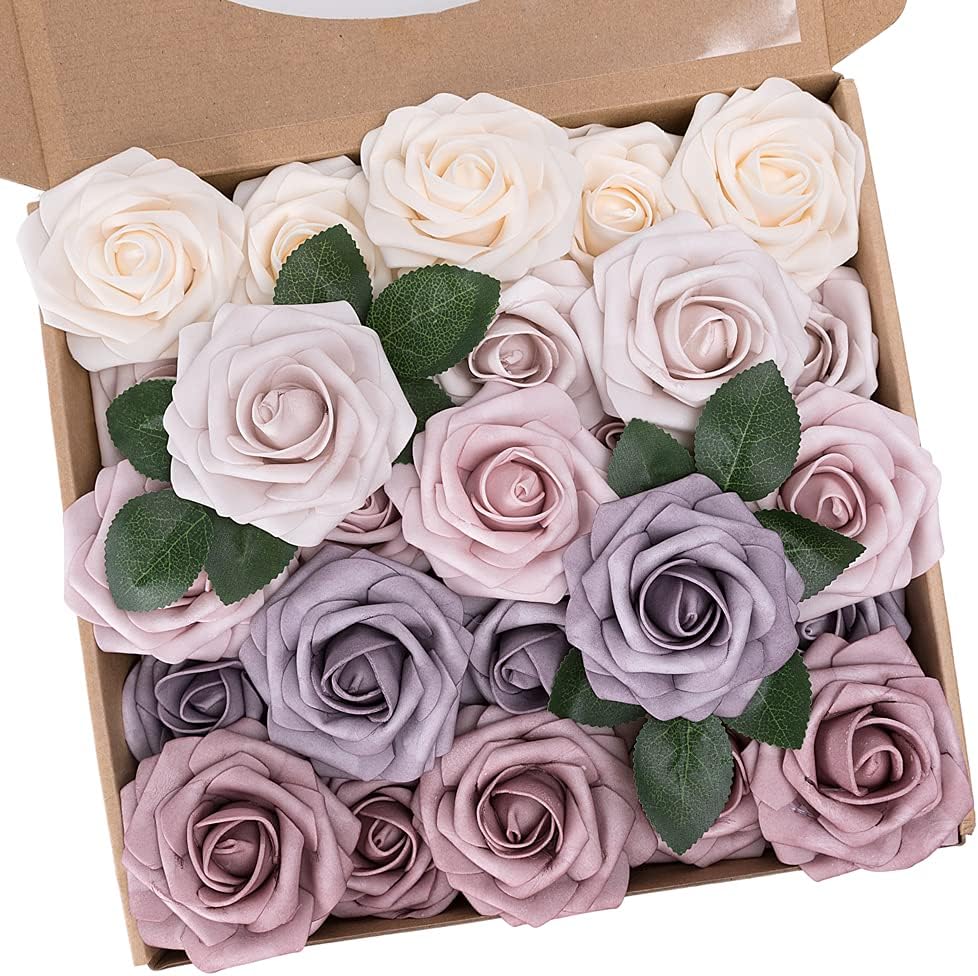 N&T NIETING Artificial Flowers, 25Pcs Fake Flowers Roses Perfect for DIY Wedding Bouquets Centerpieces Bridal Shower Party Home Flower Arrangement Decorations, Dusty Rose Series