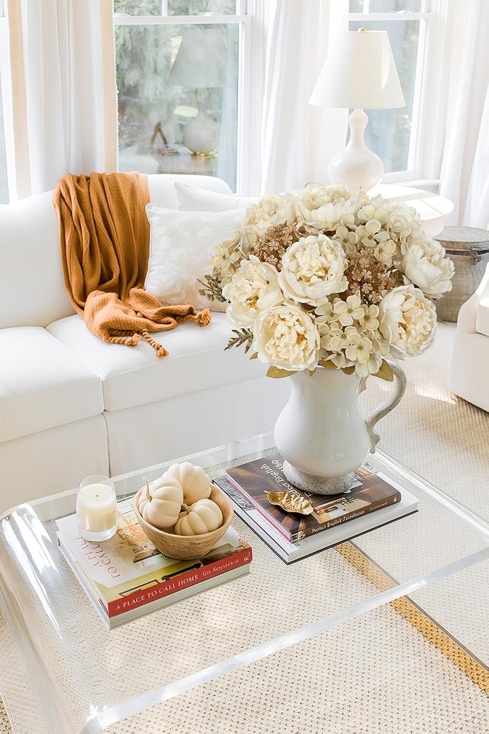 Hollyone 2Pcs Artificial Fall Flowers Bouquet 18.8" White Dried Peony Hydrangea Fake Fall Floral Silk Flowers Autumn Faux Flower Arrangement for Home Wedding Table Centerpiece Thanksgiving Party Decor