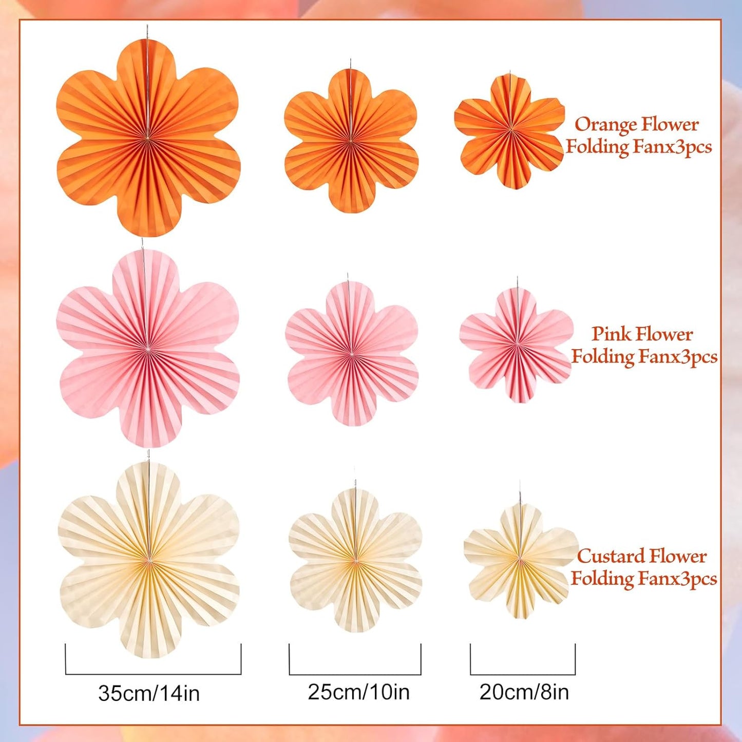 SUNBEAUTY Paper Flowers Decorations for Wall Paper Fans Classroom Decoration Paper Floral Backdrop Decor Paper Fans Decoration Hanging Paper Fans Orange Flower Wall Decor,Set of 9
