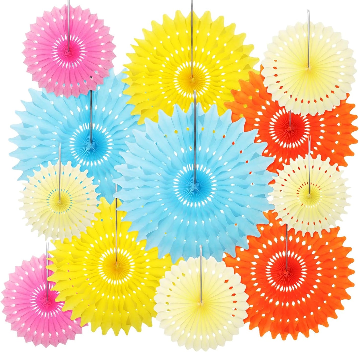 Outus 12 Pcs Hanging Honeycomb Paper Fans Sets, Fiesta Pastel Party Decorations, Tissue Paper Flowers Supplies for Birthday Wall Classroom Wedding Bridal Photo Backdrop (16/14/8/6 Inch)