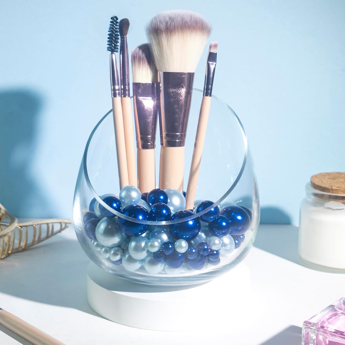 180PCS Navy & Light Blue Beads for Centerpieces Vases, No Hole Polished Pearl Makeup Beads Mixed 8/14/20mm Sizes, Pearl Vase Fillers Table Scatters for Party Wedding Decor