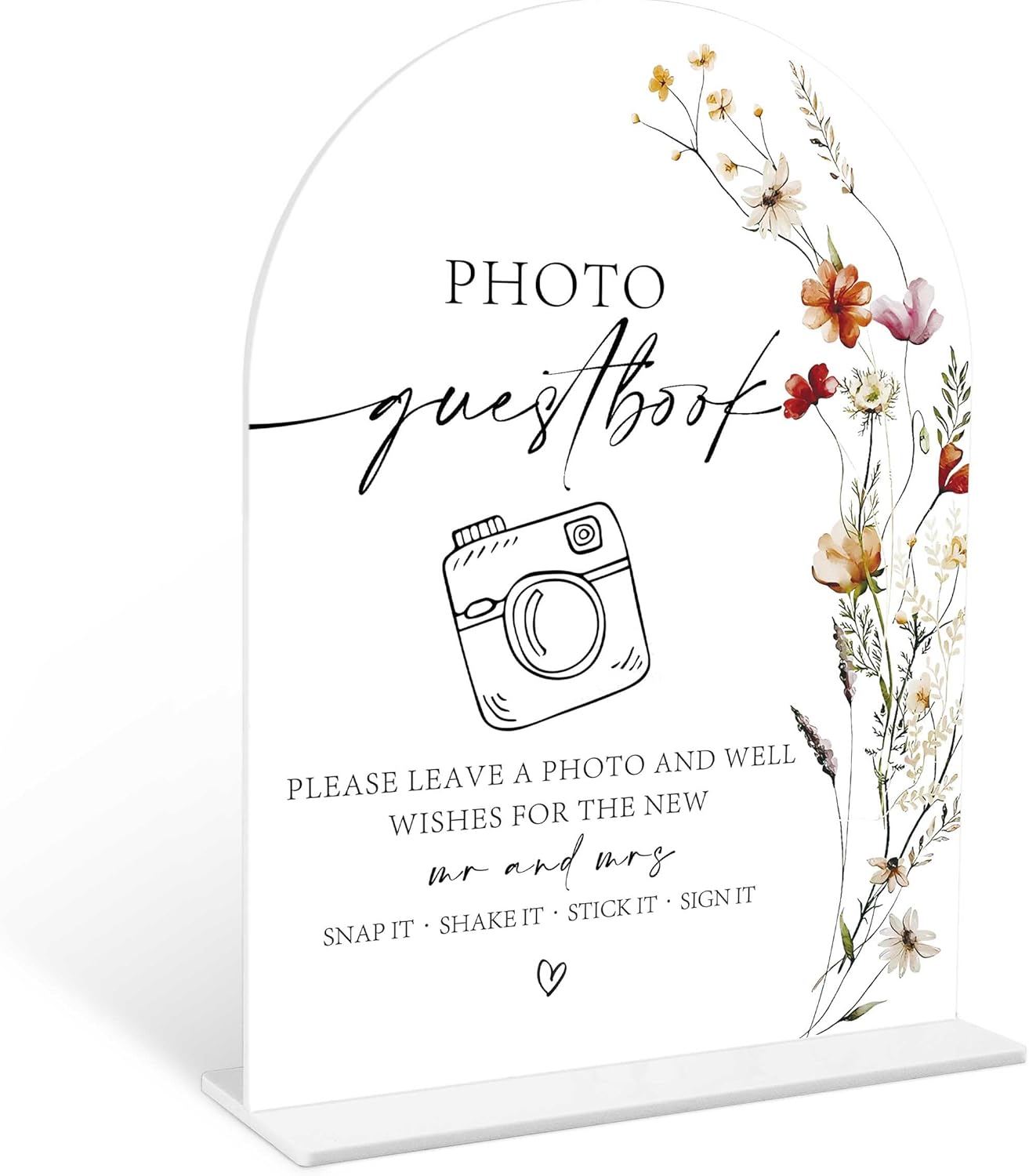 Boho Floral Photo Guestbook Sign, 6 x 8 Inch White Arch Acrylic Wedding Sign with Holder, Wedding Sign for Ceremony and Reception, Wedding Decoration, Wedding Supplies - BX06