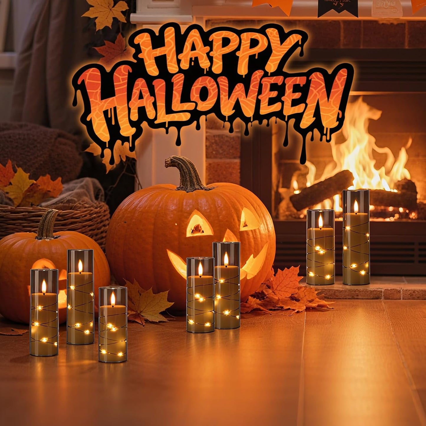 Raycare Flameless Candle with Remote Timer – 5 Flickering Acrylic Battery Operated LED Pillar Candles with Embedded Star String for Halloween, Fall Decor, Harvest Festival Gifts(Grey)
