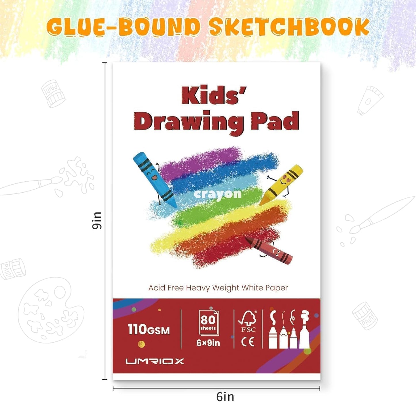 Umriox Drawing Pad for Kids, 6" x 9" Sketch Book, 2-Pack Sketch Pad (80 Sheets Each), 110gsm Acid-Free Drawing Paper, Glue-Bound Art Sketchbook for Kids' Classroom, Travel & School Art Supplies