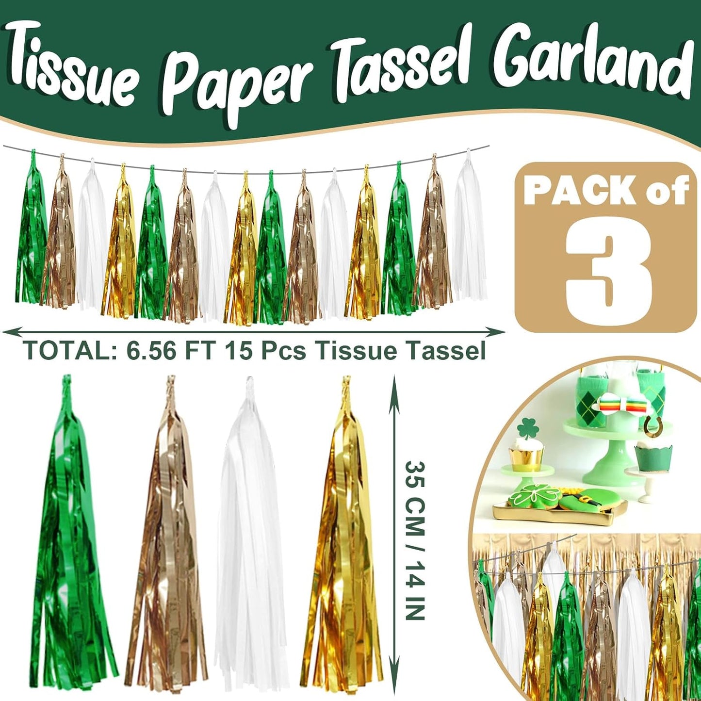 3P Sage-Green Beige-Mint Gold Foil Fringe Metallic Tassel Garland Banner, Tassels Banner Streamers for Parade Floats, Bachelorette, Wedding, Birthday, Christmas, Bridal/Baby Shower Party Decorations