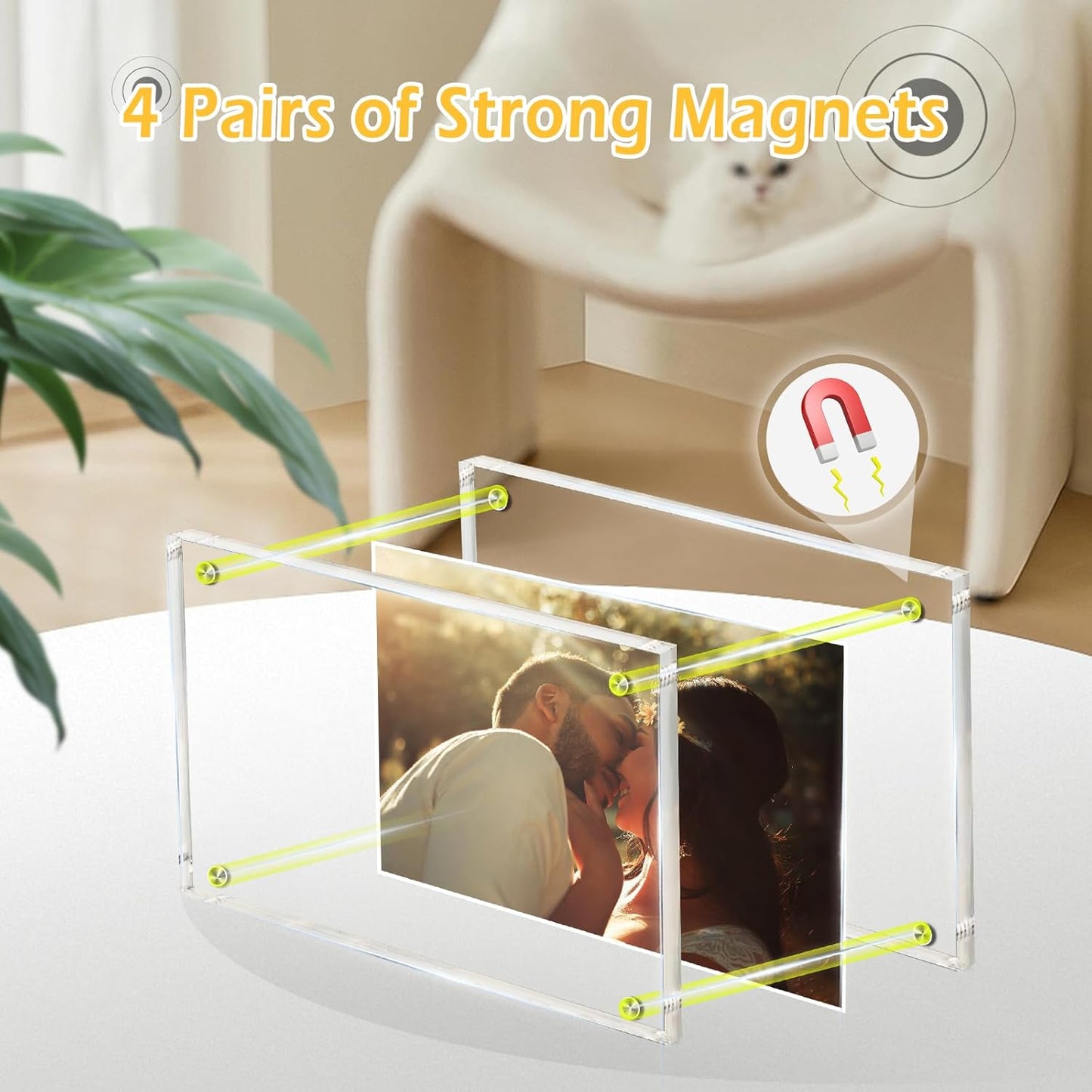 3 Pack 4x6 Magnetic Acrylic Picture Frame with Base, Both Horizontal Vertical or Slant Back Display, Double Sided Clear Photo Frame, Frameless Lucite Frames