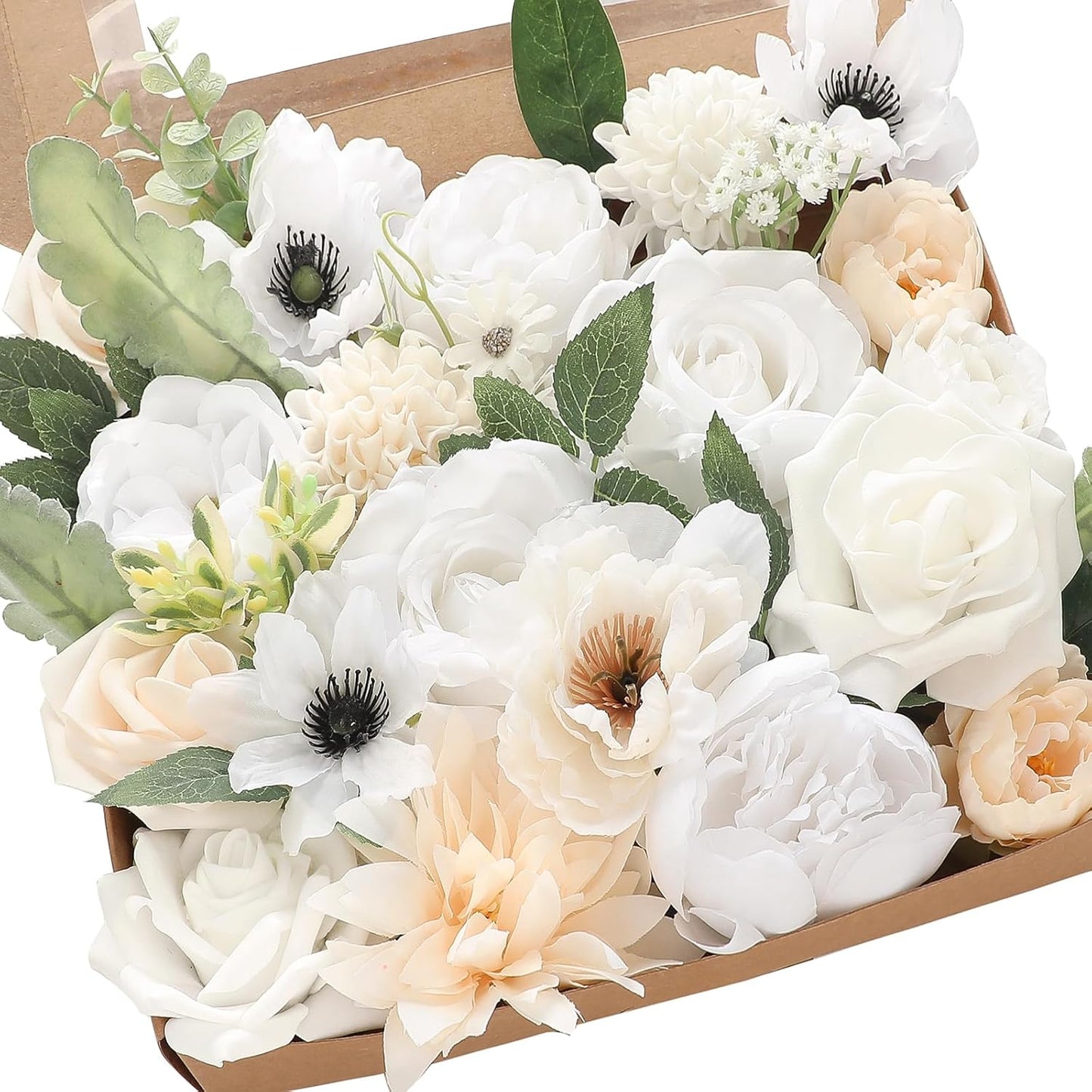 Floroom Cream White Artificial Flowers Fake Roses Dahlias Peonies Poppies and Greenery Combo Box Set for DIY Wedding Bouquets Bridal Shower Centerpieces Floral Arrangements Party Tables Decorations