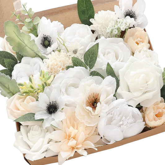 Floroom Cream White Artificial Flowers Fake Roses Dahlias Peonies Poppies and Greenery Combo Box Set for DIY Wedding Bouquets Bridal Shower Centerpieces Floral Arrangements Party Tables Decorations