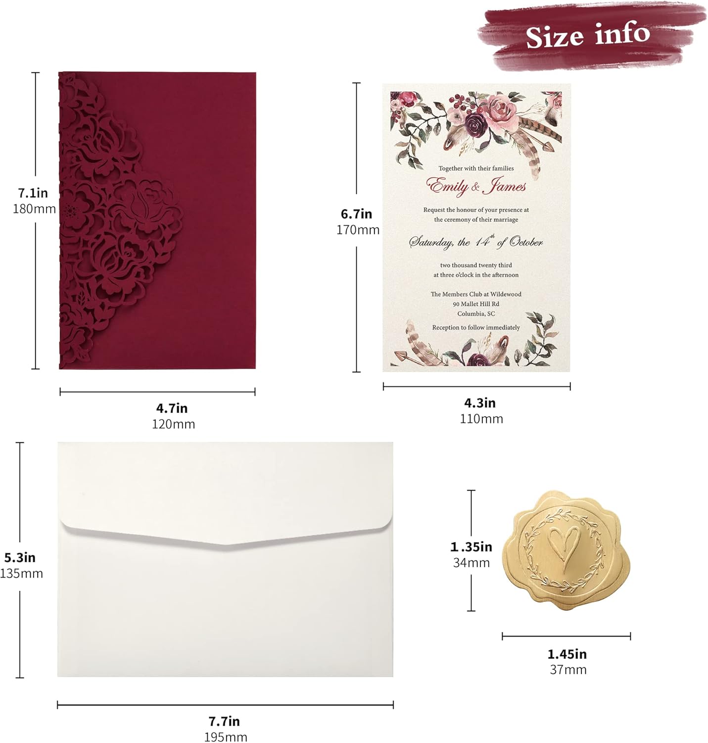 DORIS HOME 50pcs Laser Cut Wedding Invitations with Envelopes Burgundy, 4.7x7.1 Personalized Invitation Cards for Wedding, Anniversary Invitations with Envelopes