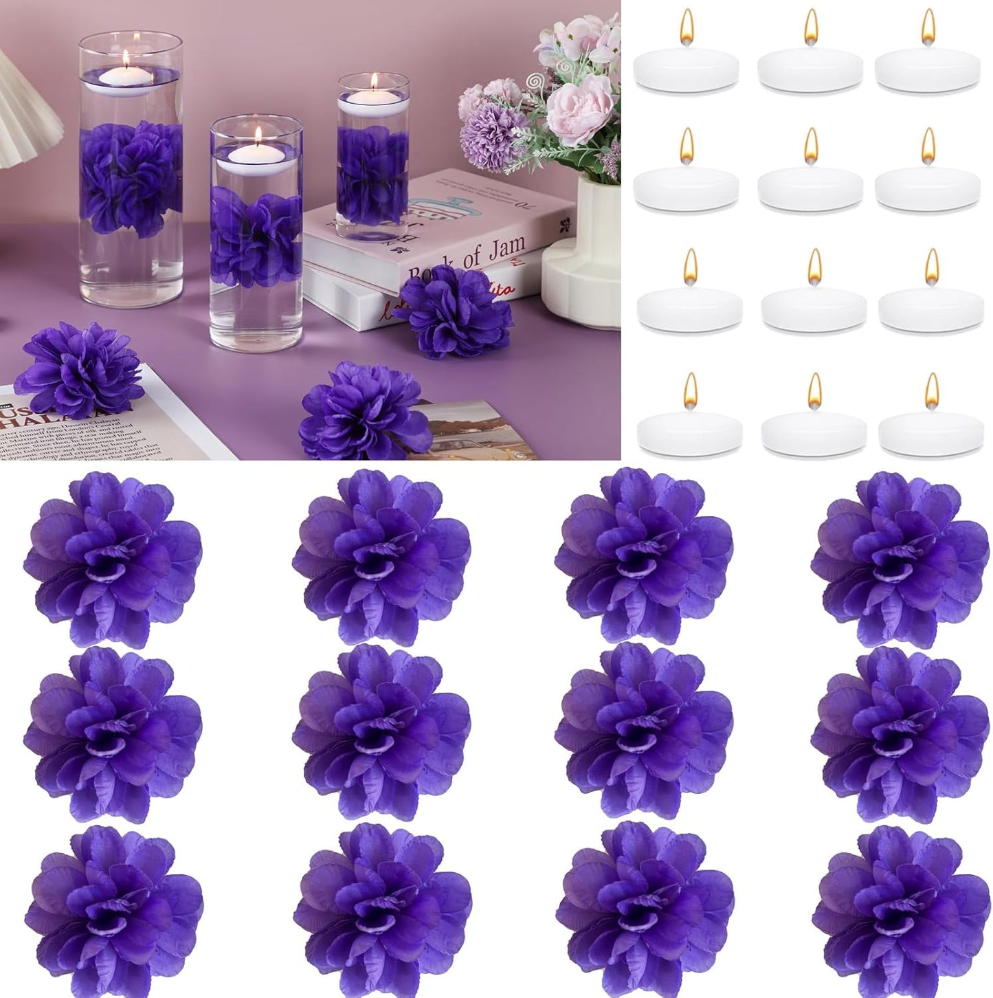 24 Pcs Floating Candles for Centerpieces and Floating Flowers Vase Fillers for Centerpieces Artificial Purple Flowers for Wedding Table Party Home Decoration