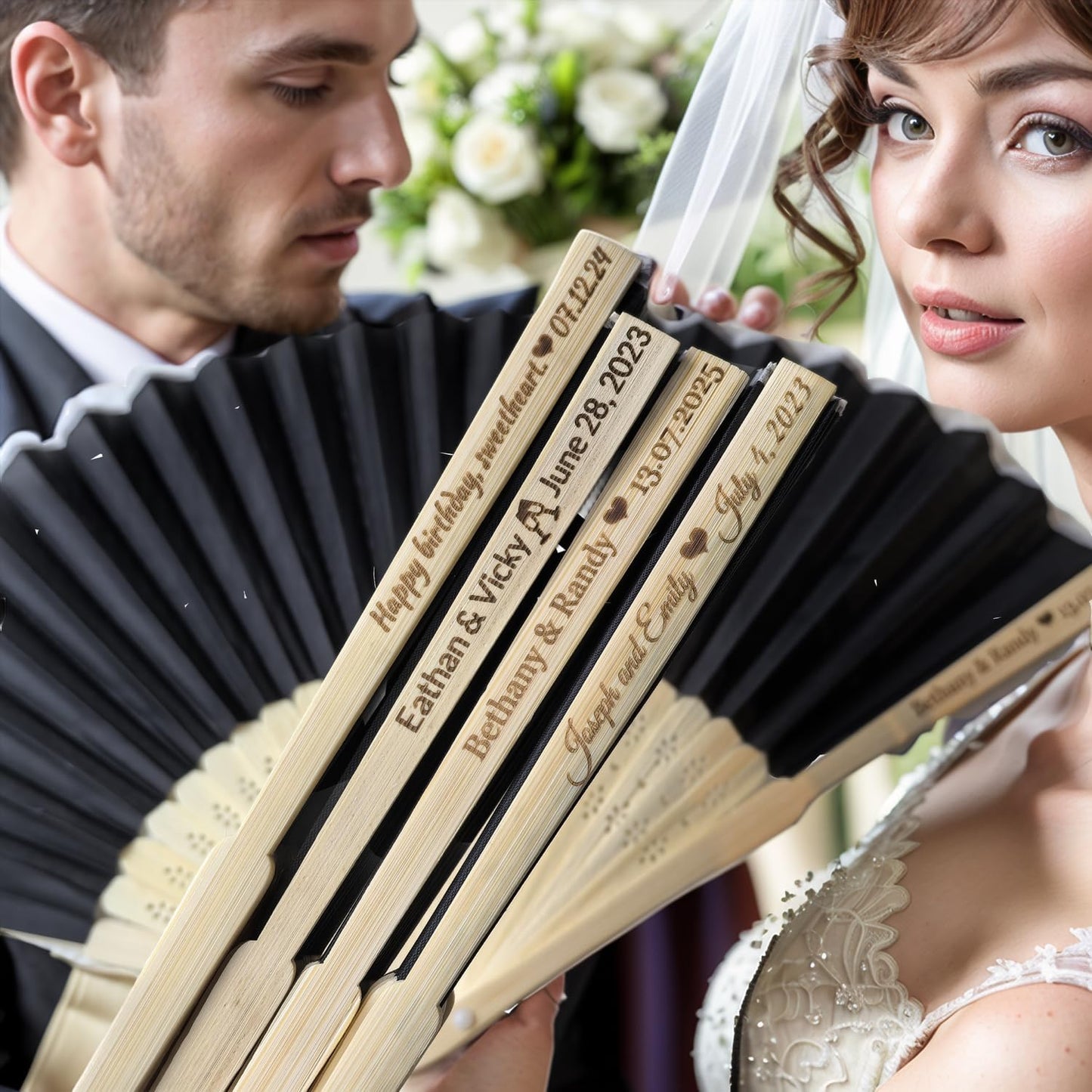 128Pcs Personalized Silk Fans Folding Hand Fan, Custom Wedding Bridal Party Favors, Summer Wedding Bride, Wedding Gift, Thank You Gift (Black)