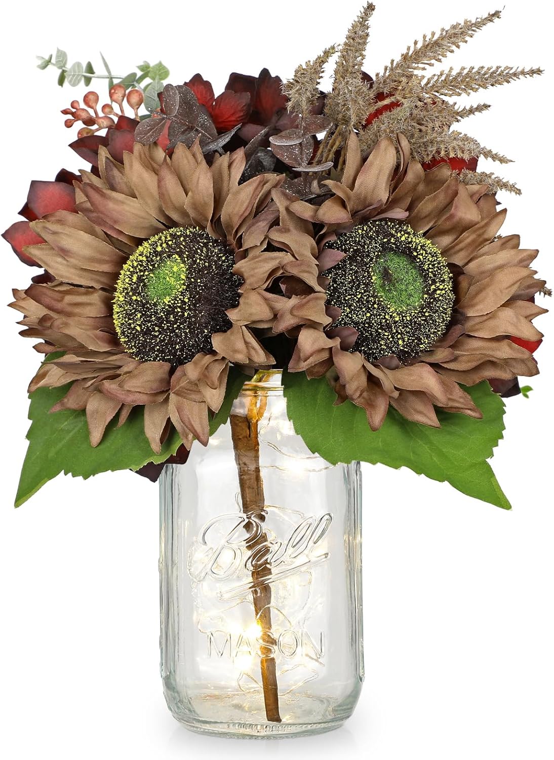 Silk Sunflowers Artificial Flowers with Mason Jar Centerpiece for Table Brown Fall Flowers in Vase Small Fall Floral Arrangement with Vase Thanksgiving Centerpiece for Dining Room Table Autumn Decor