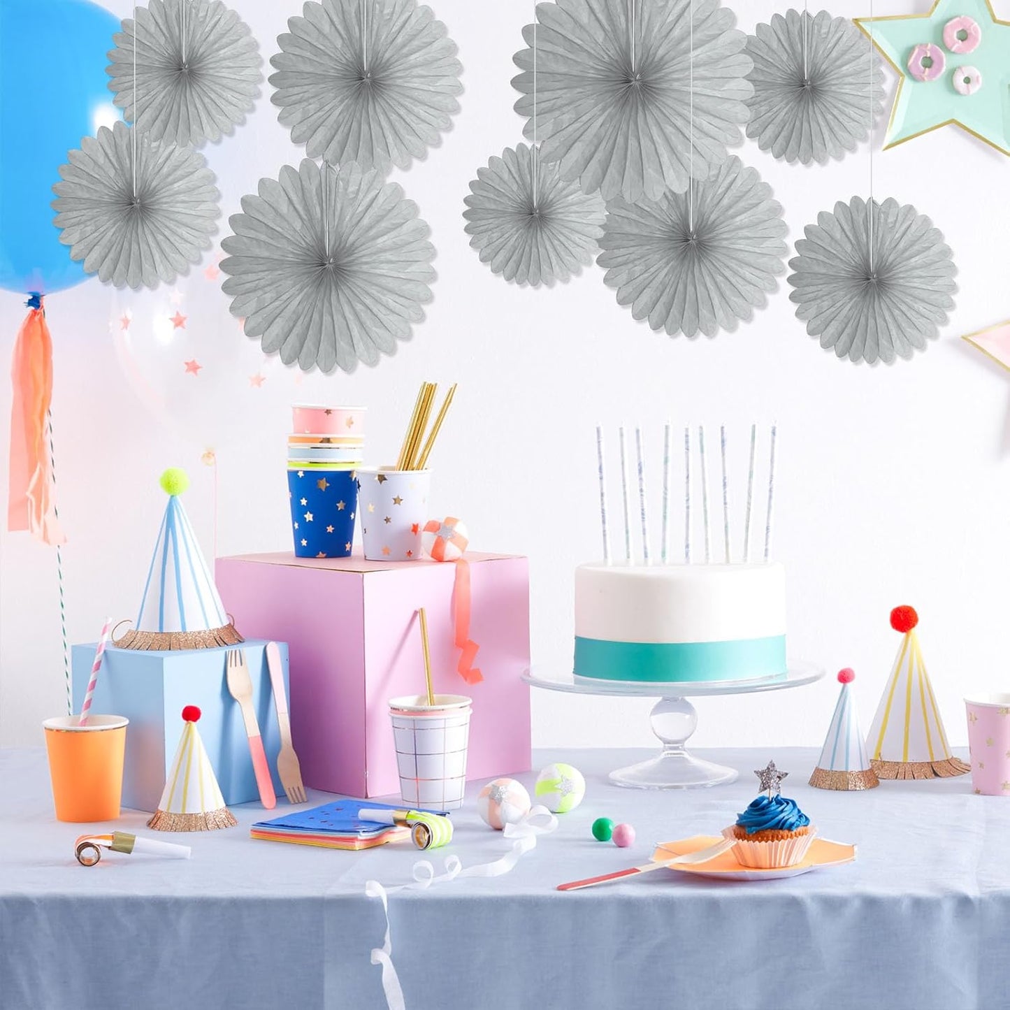 20 Pcs Silver Gray Hanging Paper Fan, Round Paper Fans Decorations Set for Weddings, Birthdays, Engagement, Bridal Shower, Baby Shower Event, Graduation, Party Supplies Decor