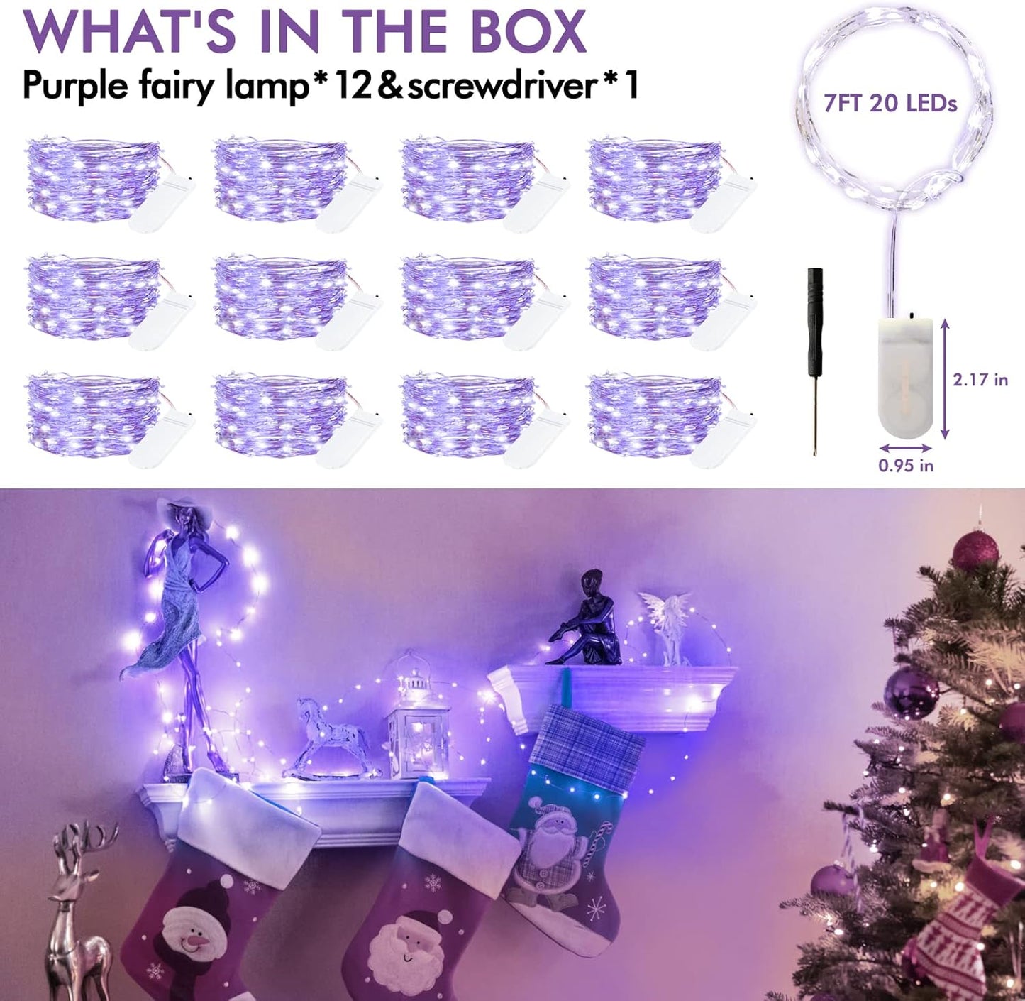 12 Pack Fairy Lights Battery Operated String Lights，7FT 20LED Waterproof Silver Wire Christmas Lights Outdoor,Firefly Mini Lights for Bedroom Party Birthday Wedding Home Decor