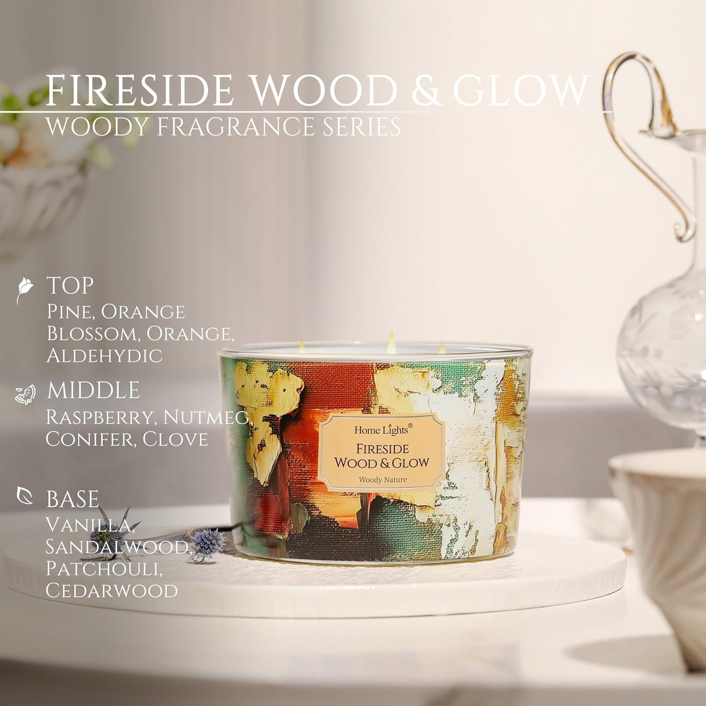 HomeLights 4-Wick Candles for Home Scented - 18oz Soy Wax Blend Candle Long-Lasting Fragrance, Industrial Chic Home Decor and Housewarming Gifts, Fireside Wood & Glow