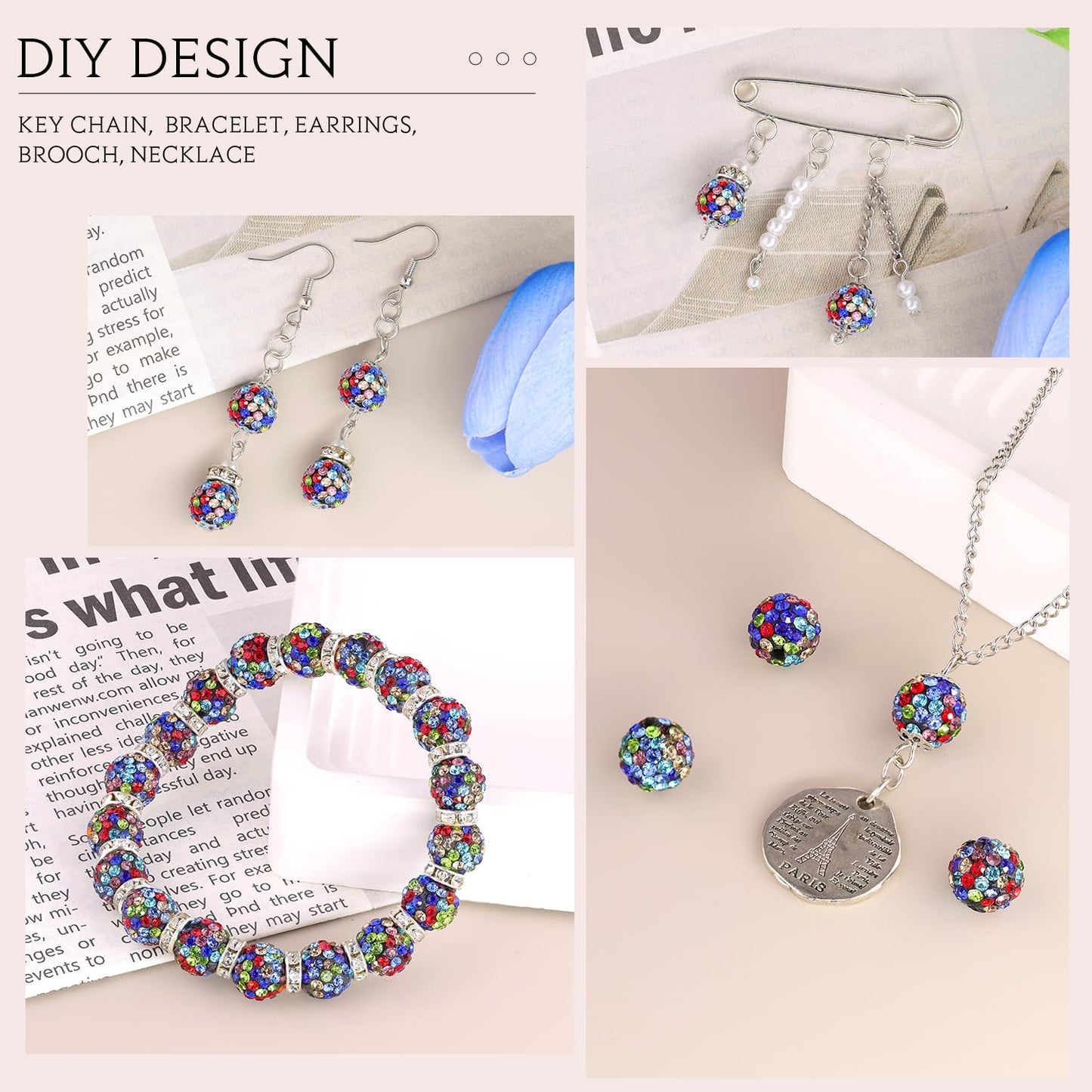 200pcs 10mm Black Mixed Rhinestone Beads for Jewelry Making, Shiny Round Shamballa Disco Ball Beads, Sparkle Crystal Clay Christmas for Bracelet Baseball Necklace Earring Crafting and DIY