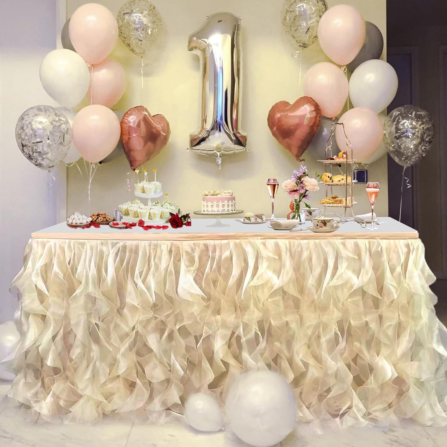 Luxury Organza Mesh Table Skirt Draping Floating Romance - Perfect for Bridal Showers, Birthday Weddings - Clear Flowing Decoration for a Wonderful Main Cake Table (Champagne-6ft, 72" L×30" H)