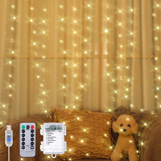 Curtain Window String Lights 6.5 x 5 Feet LED Copper Tapestry Backdrop Twinkle Fairy Lights Battery Operated 8 Modes Lights Remote Control USB Powered Light Above Bed for Wedding Party