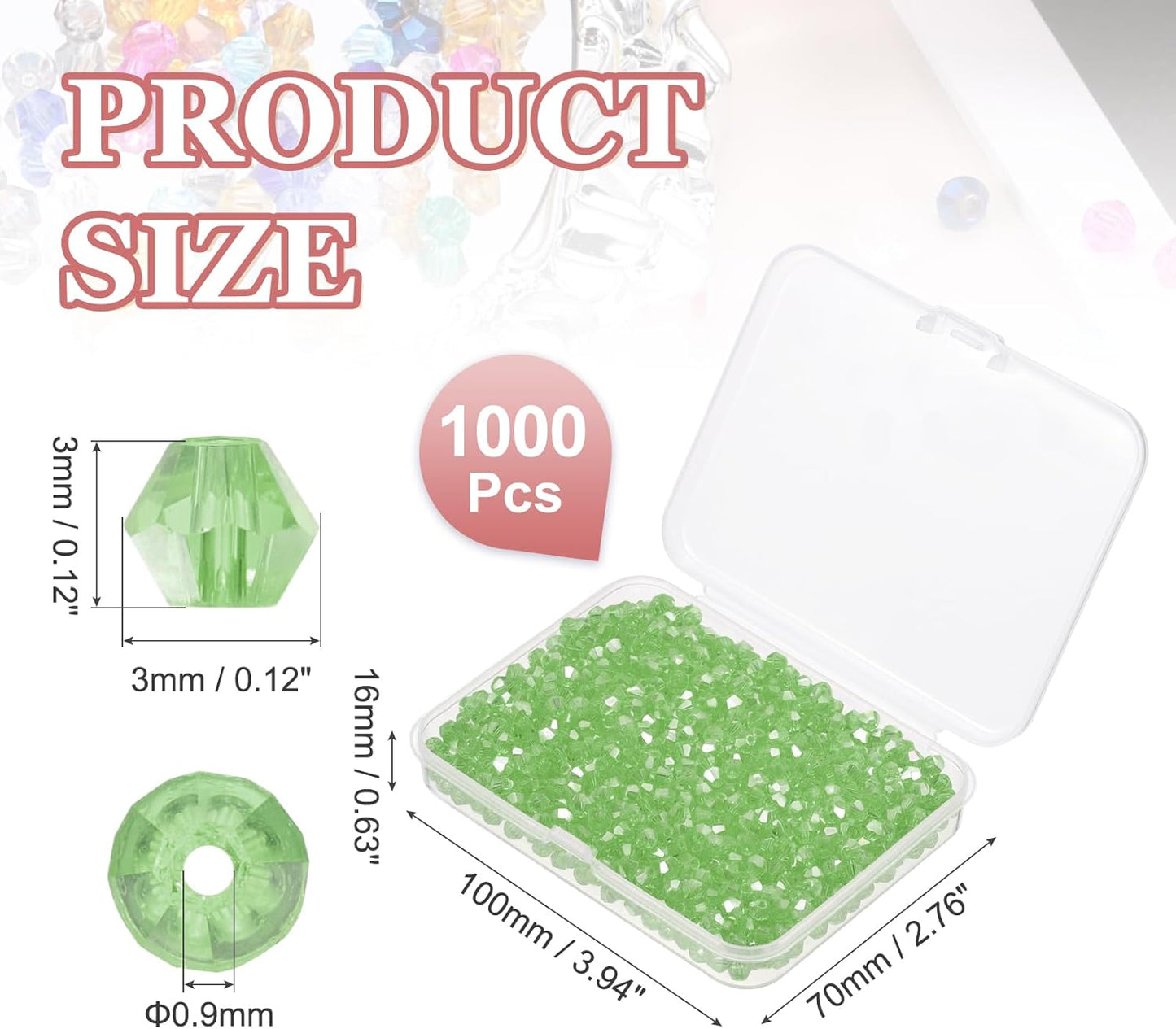 PATIKIL 1000pcs 3mm Bicone Glass Crystal Beads, Faceted Glass Spacer Beads with Box for Jewelry Making Bracelet Necklace Earrings DIY Suncatcher Craft, Light Green