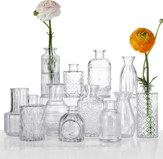 12 Pcs Small Glass Bud Vase Set of，Mini Vintage Vases in Bulk, Clear Bud Vases for Centerpieces， Rustic Wedding Decorations，Home Table Flower Décor.