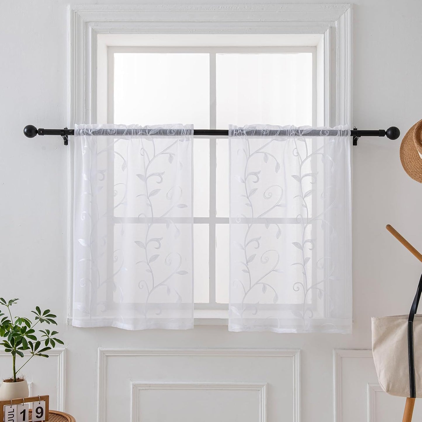 VISIONTEX White Sheer Voile Curtains, Decorative Leaves Embroidery Faux Linen Rod Pocket Window Drapes for Home Kitchen, Living Room and Bedroom 26 x 36 Inch, Set of 2 Curtain Panels