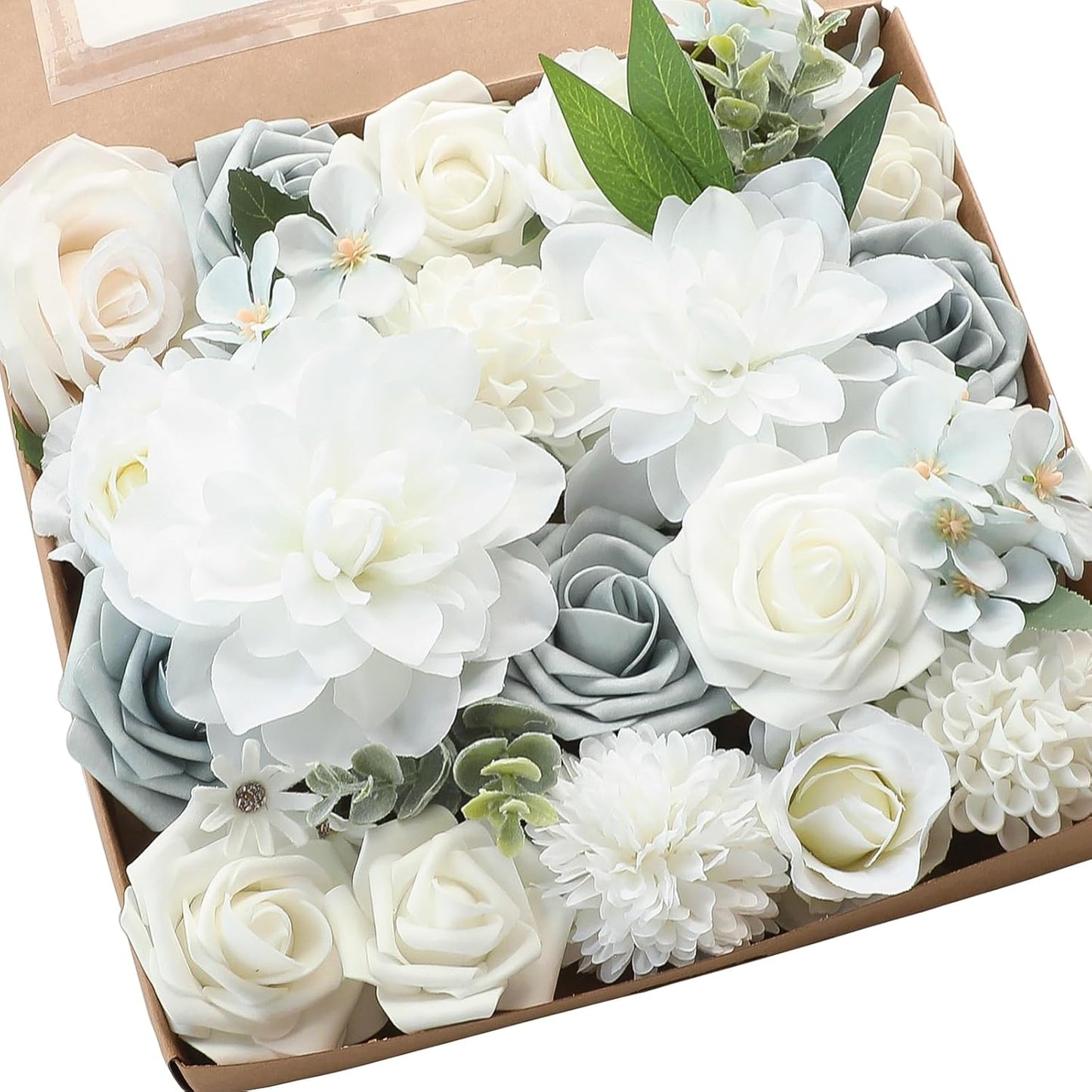 Floroom Powder Blue Ivory Artificial Flowers Fake Roses Dahlias and Greenery Combo Box Set for DIY Wedding Bouquets Bridal Shower Centerpieces Floral Arrangements Party Tables Home Decorations