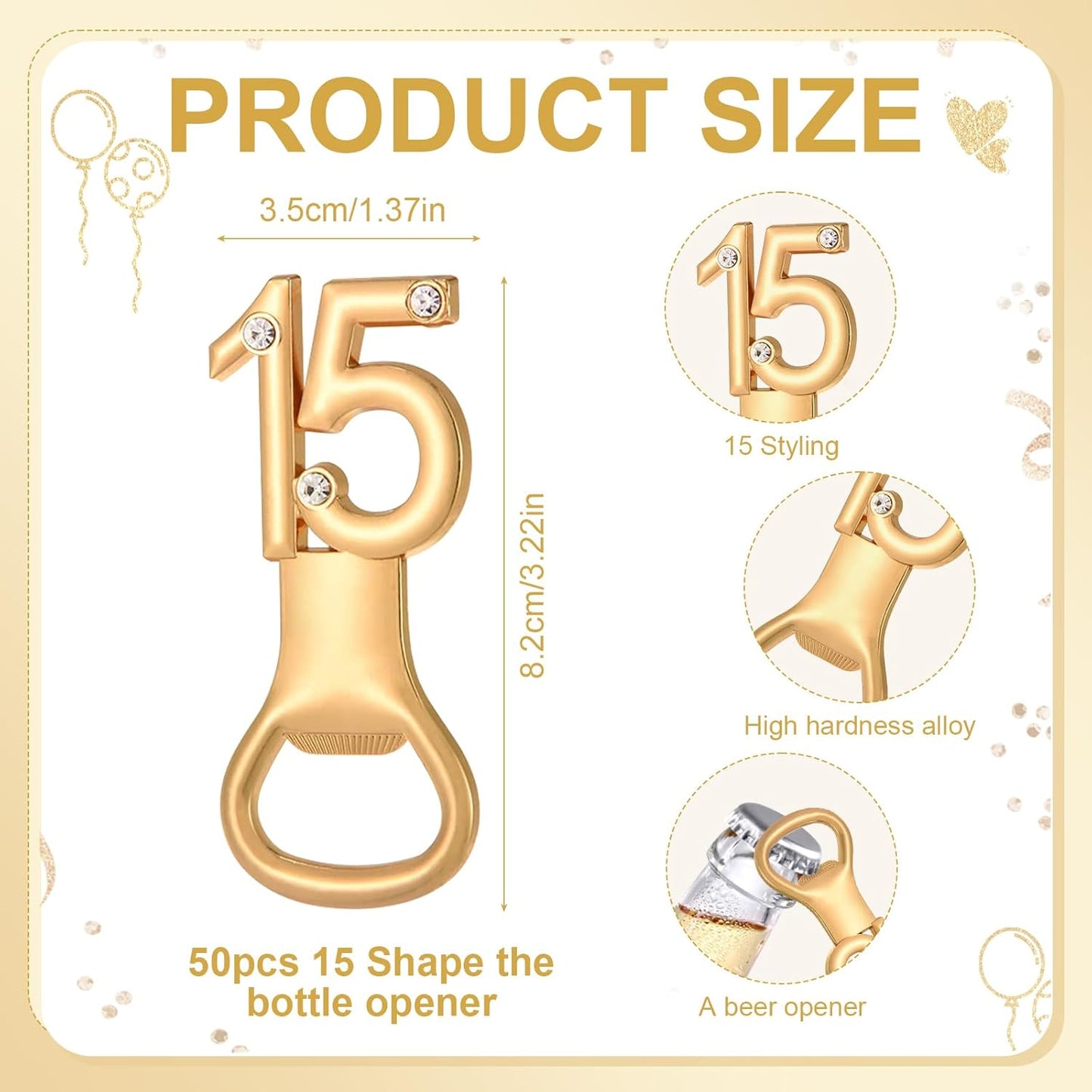 50Pcs 15 Gold Bottle Openers For 15th Birthday Party Favor 15th Birthday Bottle Opener Set Gift For Girls Boys Wedding Anniversaries Souvenirs Favor Party Quinceañera Recuerdos