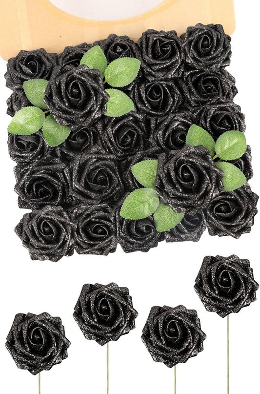 N&T NIETING Artificial Flowers Black Glitter Flowers Foam 25pcs Glitter Roses Real Looking Fake Roses with Stem for DIY Wedding Bouquets Centerpieces Bridal Shower Party Home Decorations