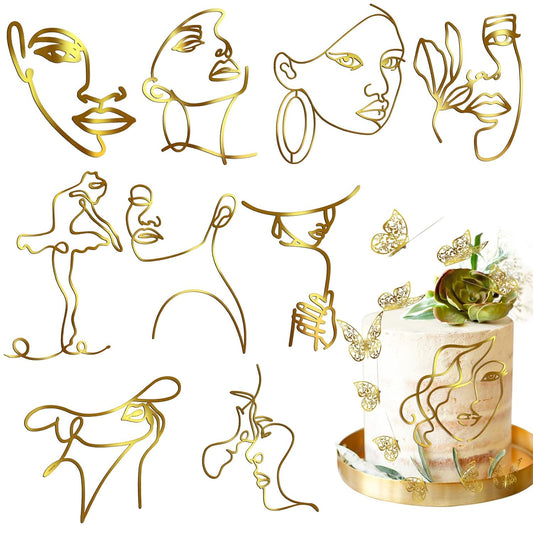 Kigley 22 Pcs Minimalist Art Lady Face Cake Topper Butterflies Cake Decoration Acrylic Wedding Birthday Boho Cake Toppers for Women Bridal Shower Party Supplies (Gold)