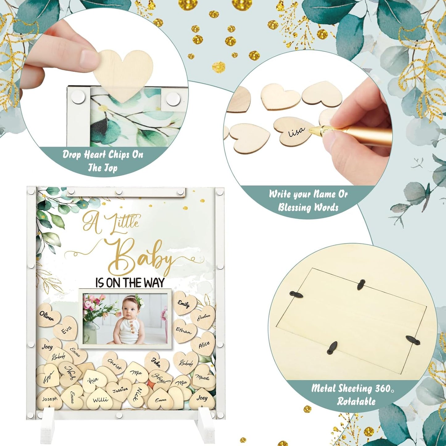 65 Pcs Greenery Baby Shower Guest Book Alternatives He or She Gender Reveal Decorations Sign in Guest Book with Picture Frame and 60 Wooden Chip a Little Baby is on The Way Decorations