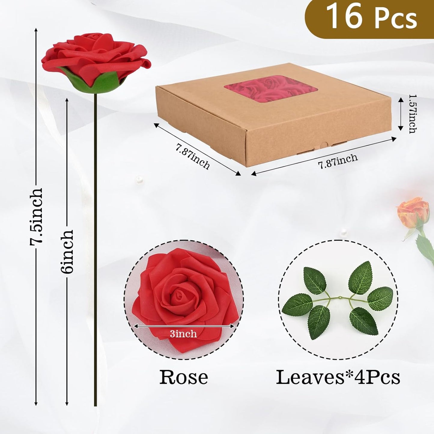 BLEUM CADE 16Pcs Artificial Flowers Fake Roses with Stems, Red Boxed Foam Roses for DIY Bouquets Centerpieces Wedding Party Arrangement Bridal Shower Decor