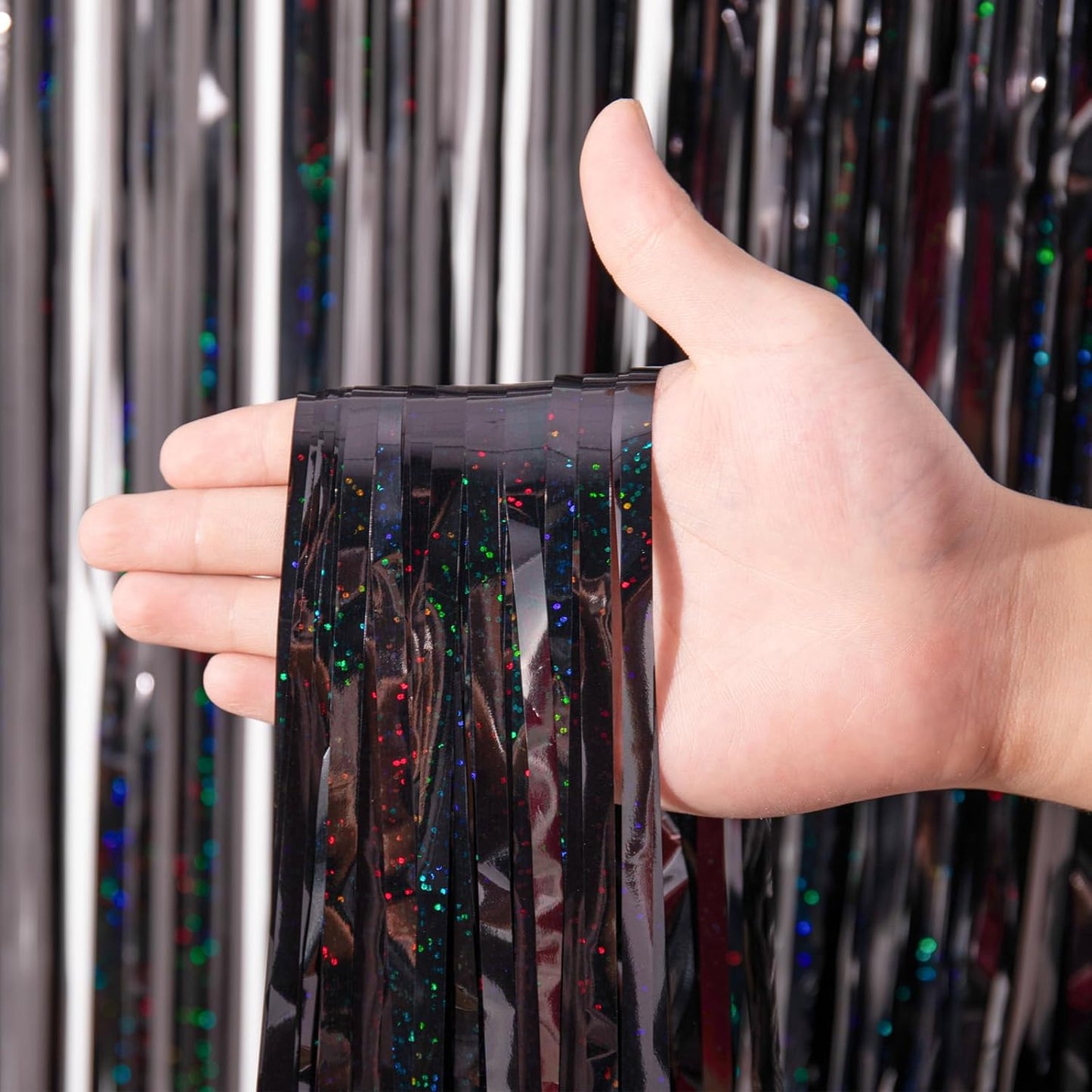 2 Pack Laser Black Tinsel Foil Fringe Curtains, Black Party Decorations, Metallic Tinsel Party Streamers Backdrop for Birthday Halloween Masquerade New Years Gatsby 1920s Party Decorations